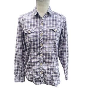 Eddie Bauer Plaid Flannel Shirt Womens S Purple White Button Front Long Sleeve